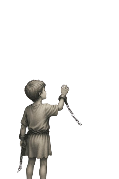 Chained child reaching up, breaking free in a love letter to the oppressed