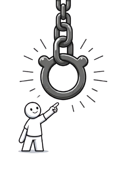 Figure points at shackles, challenging Nigerian societal issues like poverty and corruption.